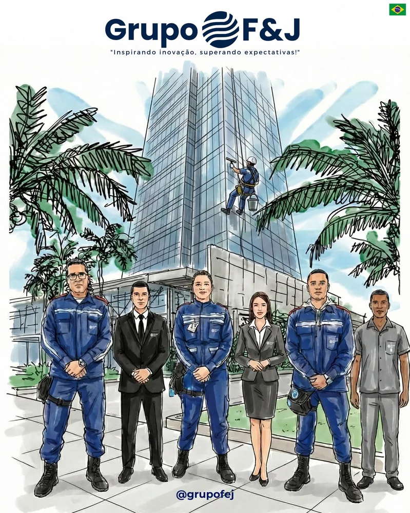Ilustração institucional publicada pelo Grupo F&J com profissionais de diferentes serviços